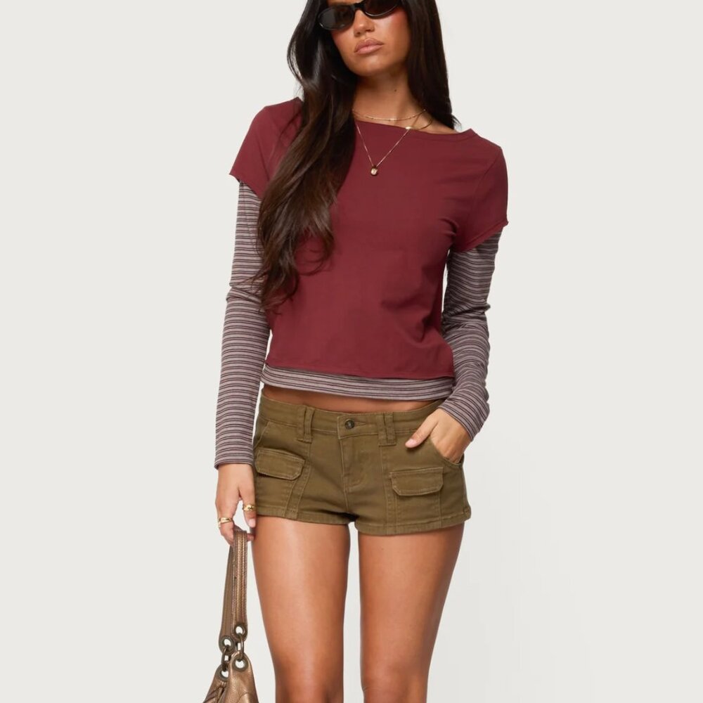 Edikted Burgundy Layered Long Sleeve Tee with Striped Sleeves
